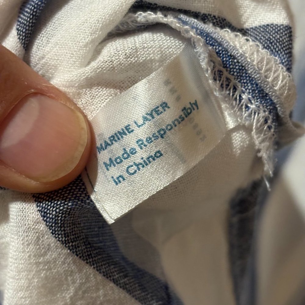Marine Layer Linen Blend Striped V Neck Top - Medium, White Blue - Picture 4 of 7
